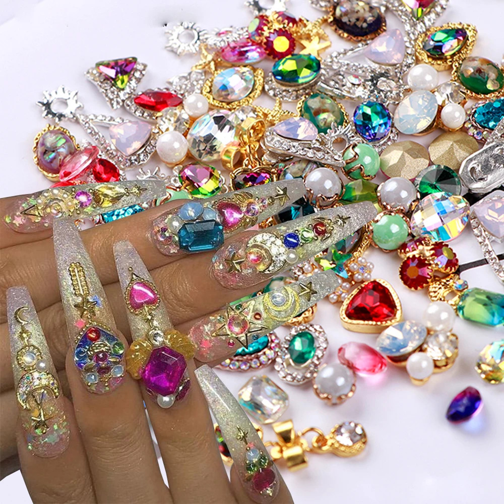 50Pcs Random Mix luxury nail charm Mixed Style 3D Alloy Crystal Rhinestone Gem