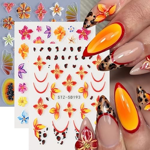 3PCS Hibiscus Flower Nail Stickers Hawaiian Flowers Nail Decals 3D Self Style08