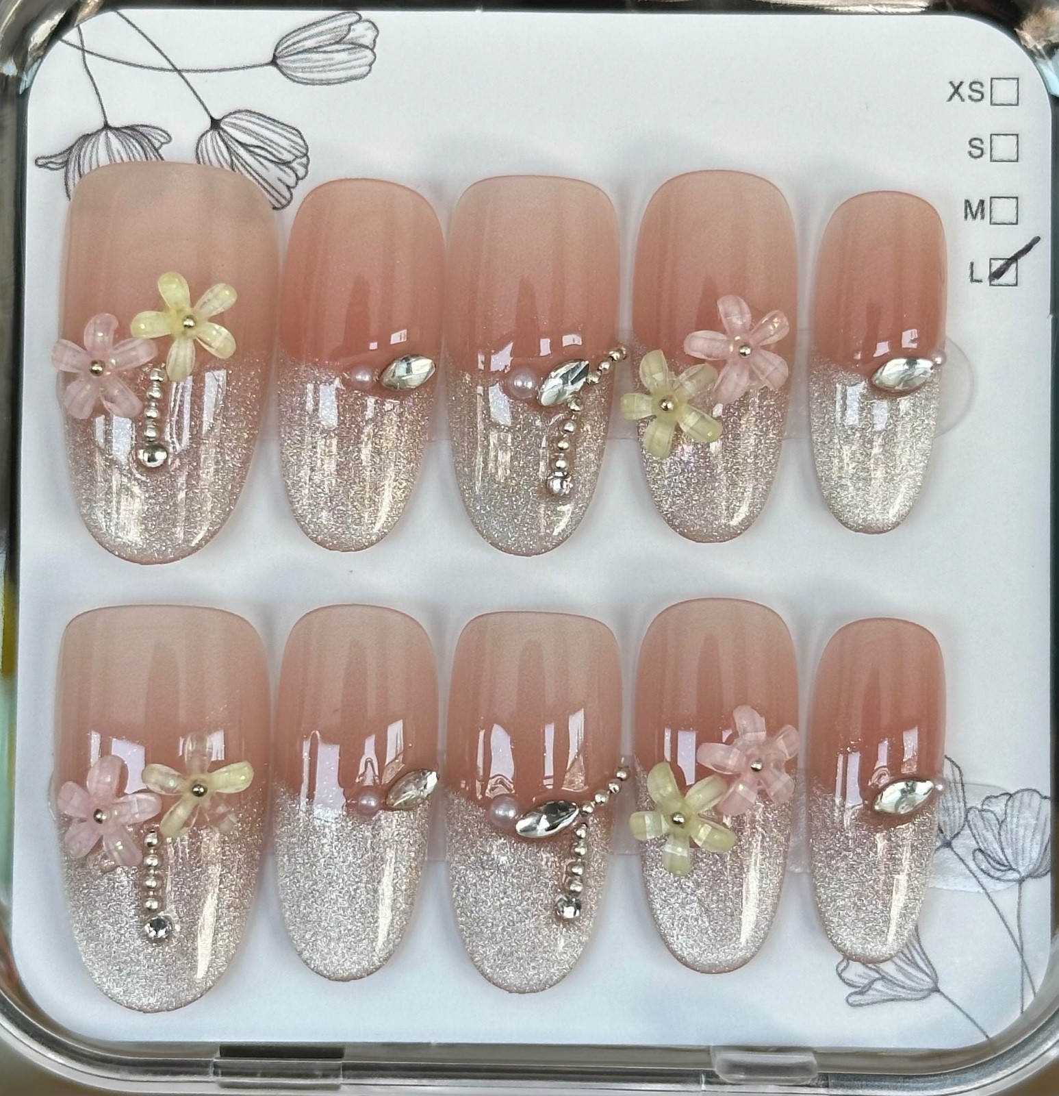 Handmade Press-On Nails: Glam & Florals, medium almond shape, size L