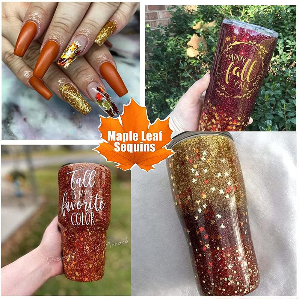 Holographic Glitters Fall Maple Leaf Shaped Nail Art Sequins Flakes 2 Pot, 3D Me