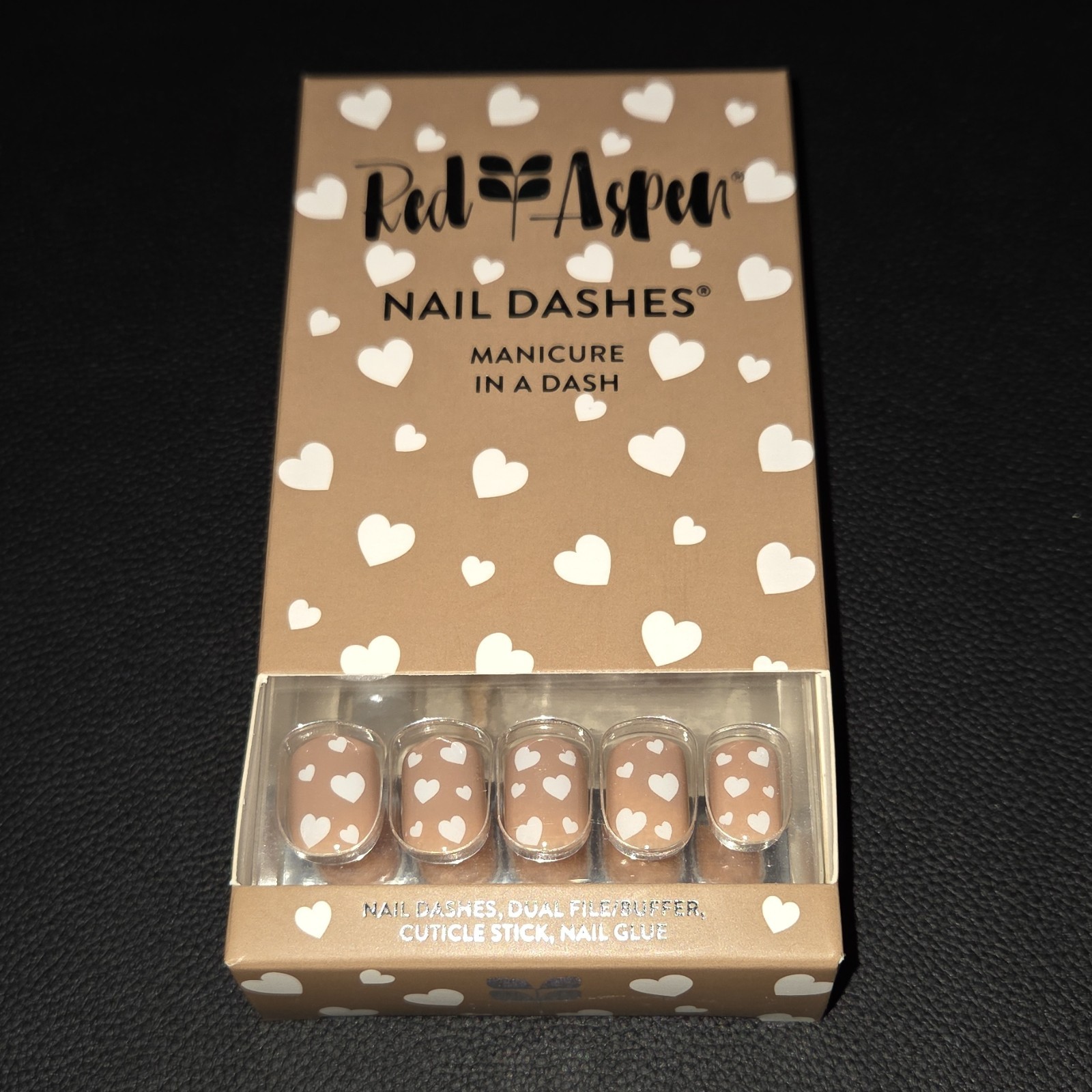 Red Aspen Press-On Nails, Beige White Heart, Square, Full Cover, Glue Included