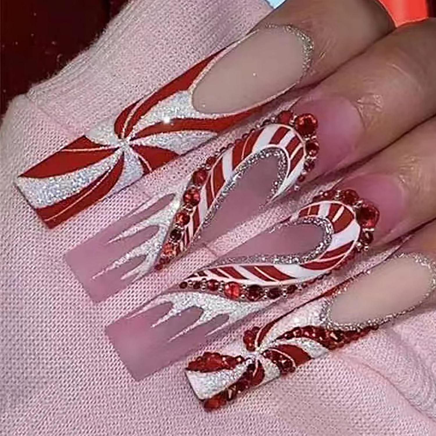 Christmas Bling French Tip Press on Nails Long Square Fake Nails with Candy C…