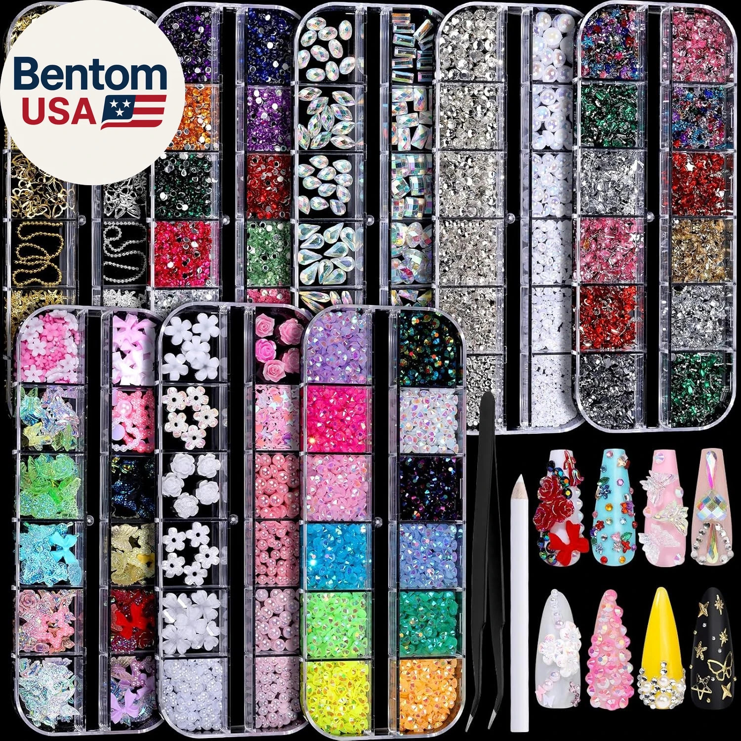 Nail Charms, Nail Rhinestones Kit with 8 Boxes of Nail Gems, 3D Charms for Nails