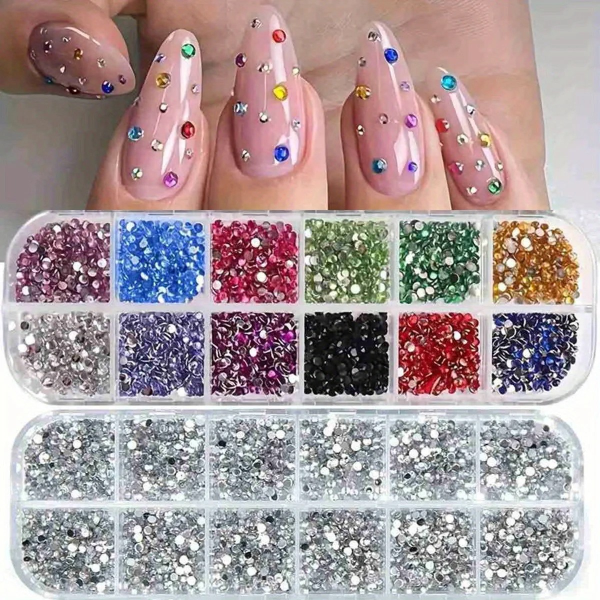 12 Grid Multi-size Nail Art Rhinestones 3D Acrylic Nail Stones Gems Pearl DIY Ma