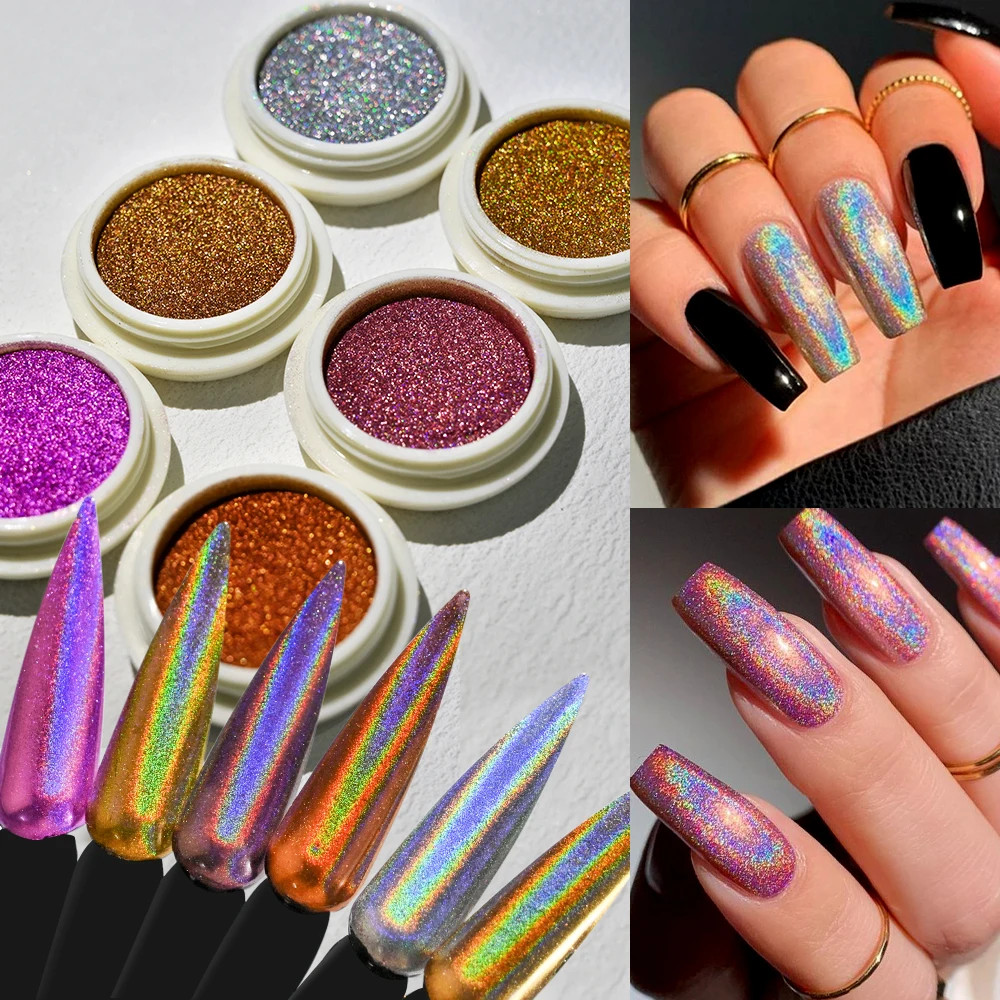6 Colors Chrome Laser Nail Powder Holographic Mirror Glitter Pigment Silver/Gold