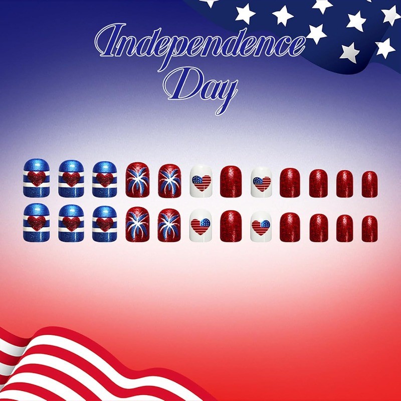 Patriotic Fake Nail with Red Blue White Glitter, Heart Flag and Firework Details