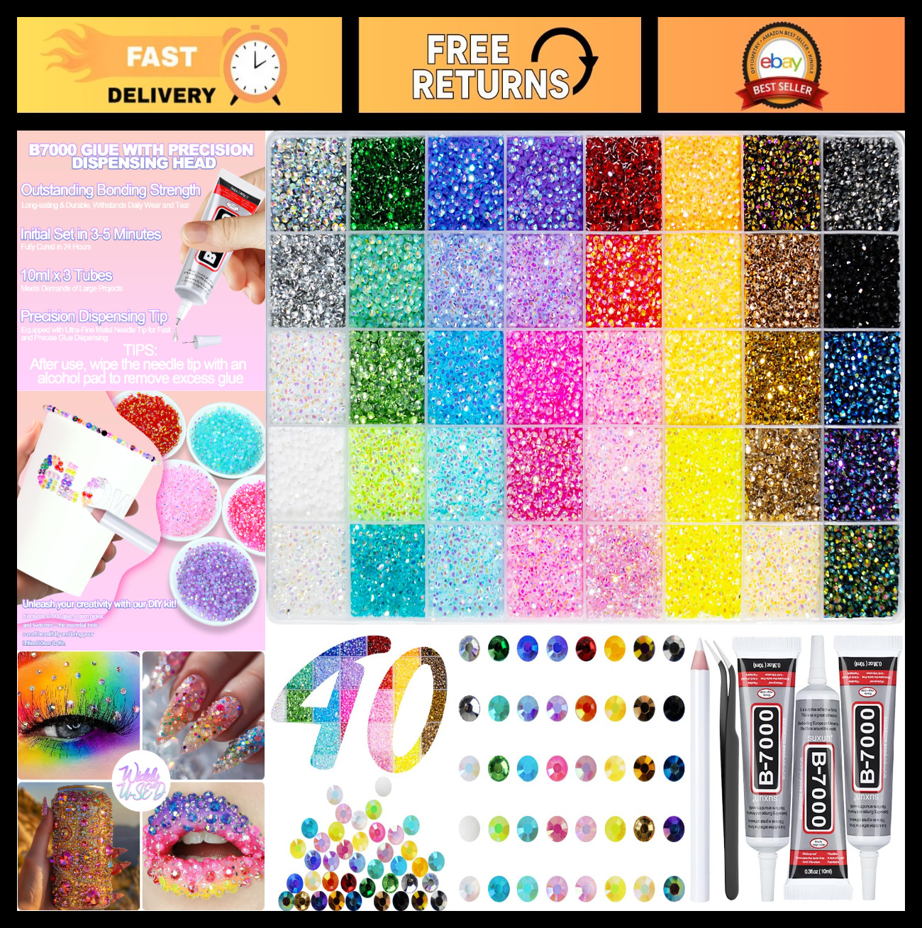 50000+ Rhinestones Bedazzling Kit – 3mm Flat Back Gems, 40 Colors + 3Pcs Glue fo