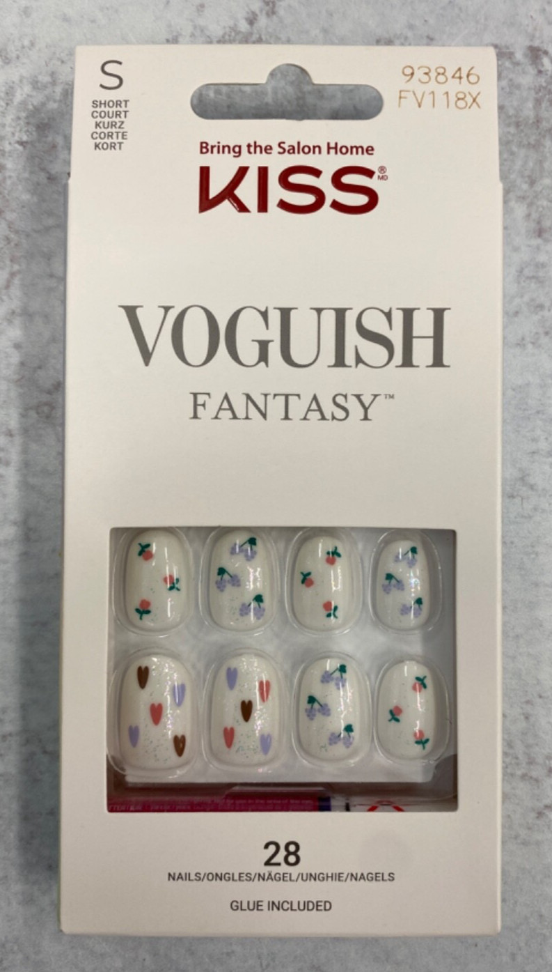 Kiss Voguish Fantasy glue on Nails 93846 Short white w/ hearts flowers Easter