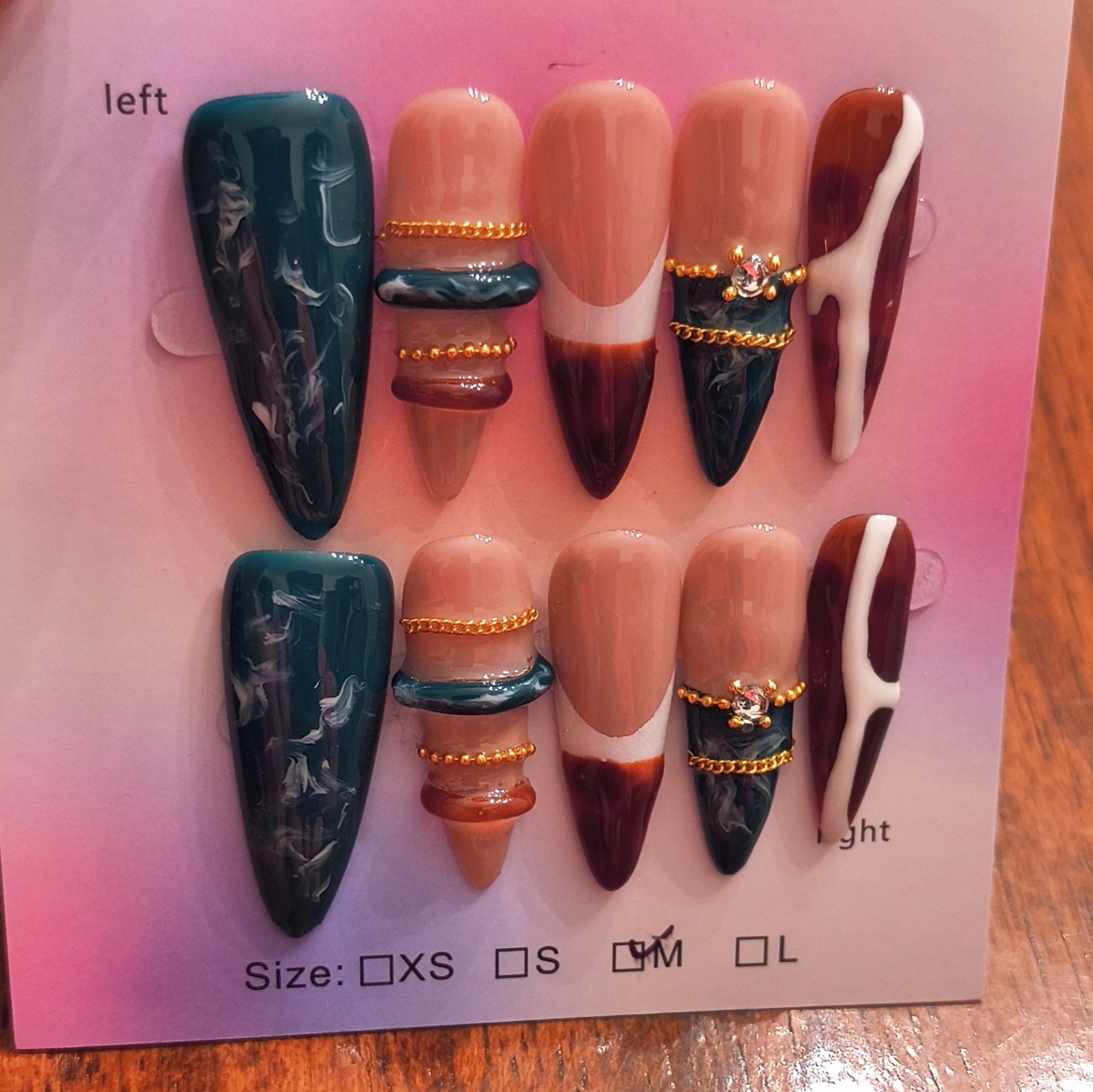 Press-On Nails Medium Coffin Green Nude Brown White Gold 3D Abstract Full Cover