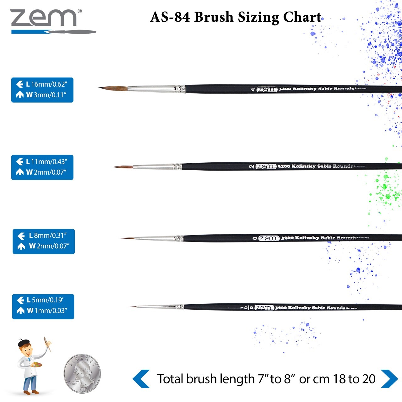 AS-84 Kolinsky Pure Sable Detail Artist Paint Brush Rounds Set 4 pcs