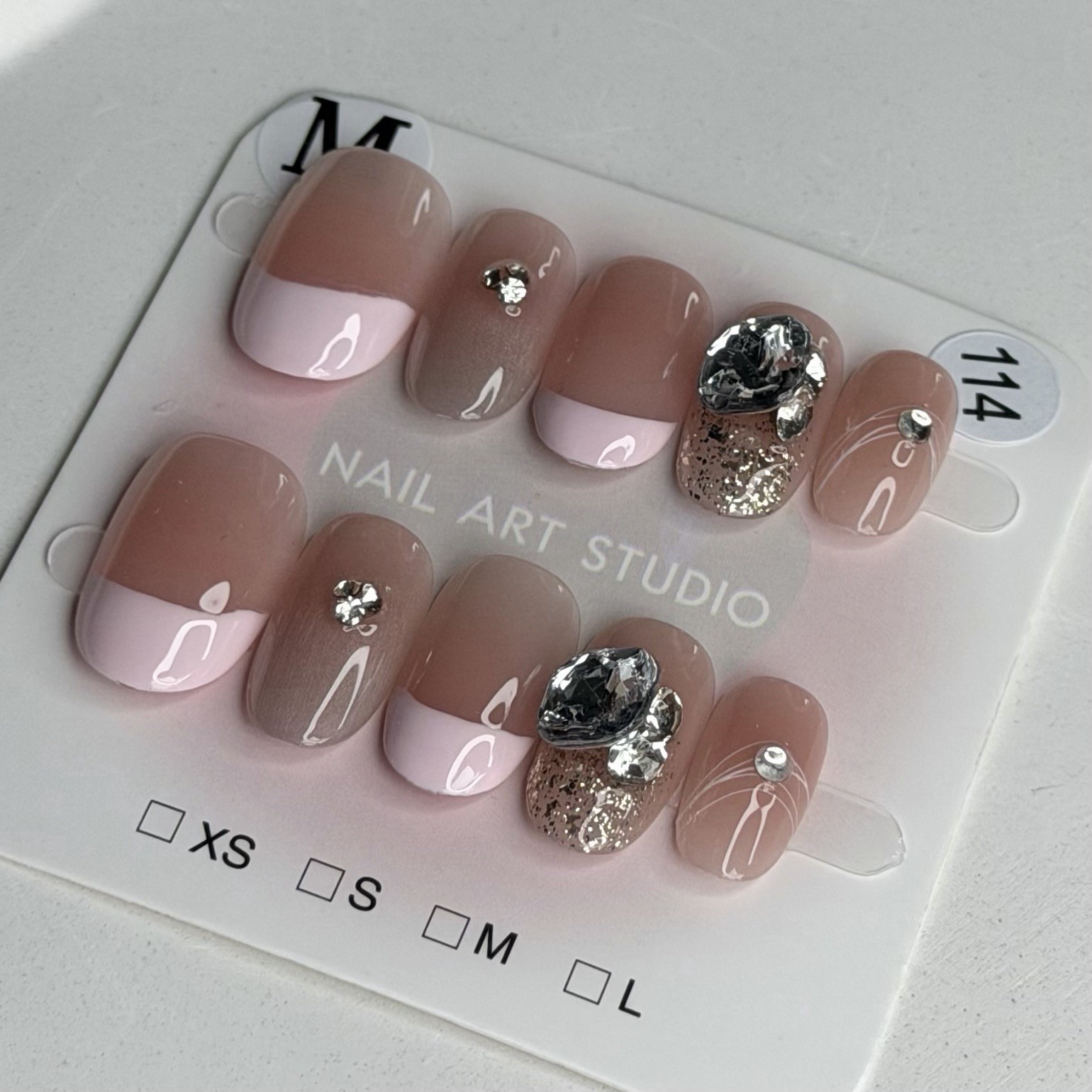 Handmade French Tip Nude Rhinestone Press-On Nails Short Oval Reusable Fake Nail
