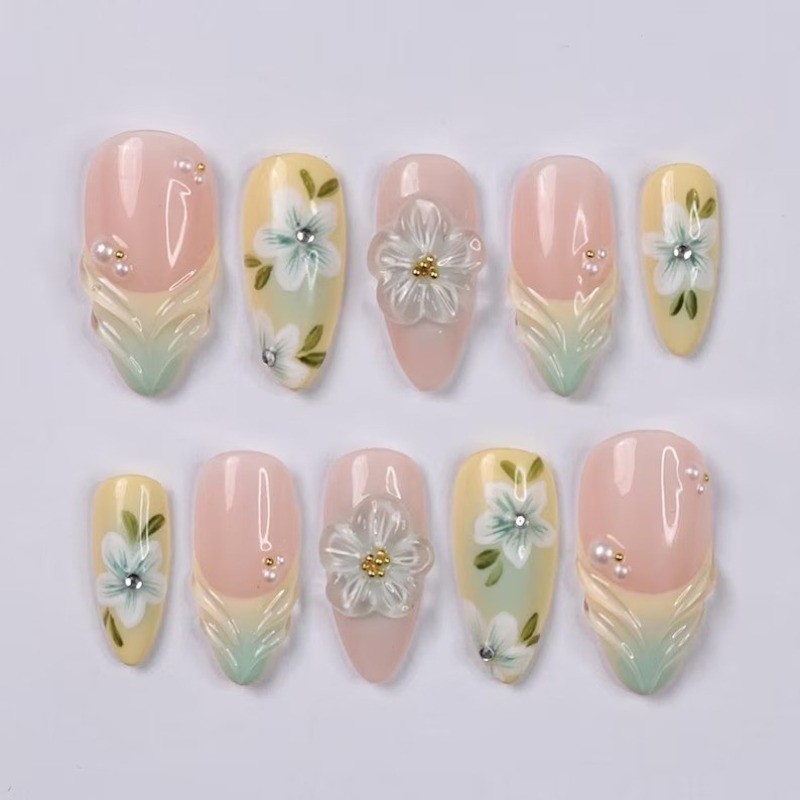 Press on Nails Spring Fresh Pink Yellow Green Gradient Sharp Round Nail Wearing