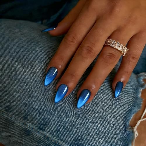 Press on Nails Almond, Cat Eye Elegant Blue Fake Nails cateye royal blue medium