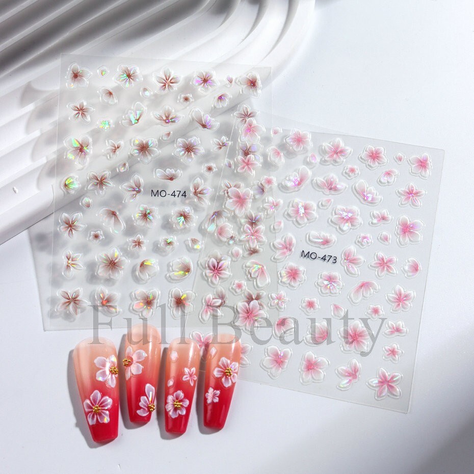 5D Red Pink Flower Camellia Nail Stickers Geometric Floral Butterfly Daisy Decal