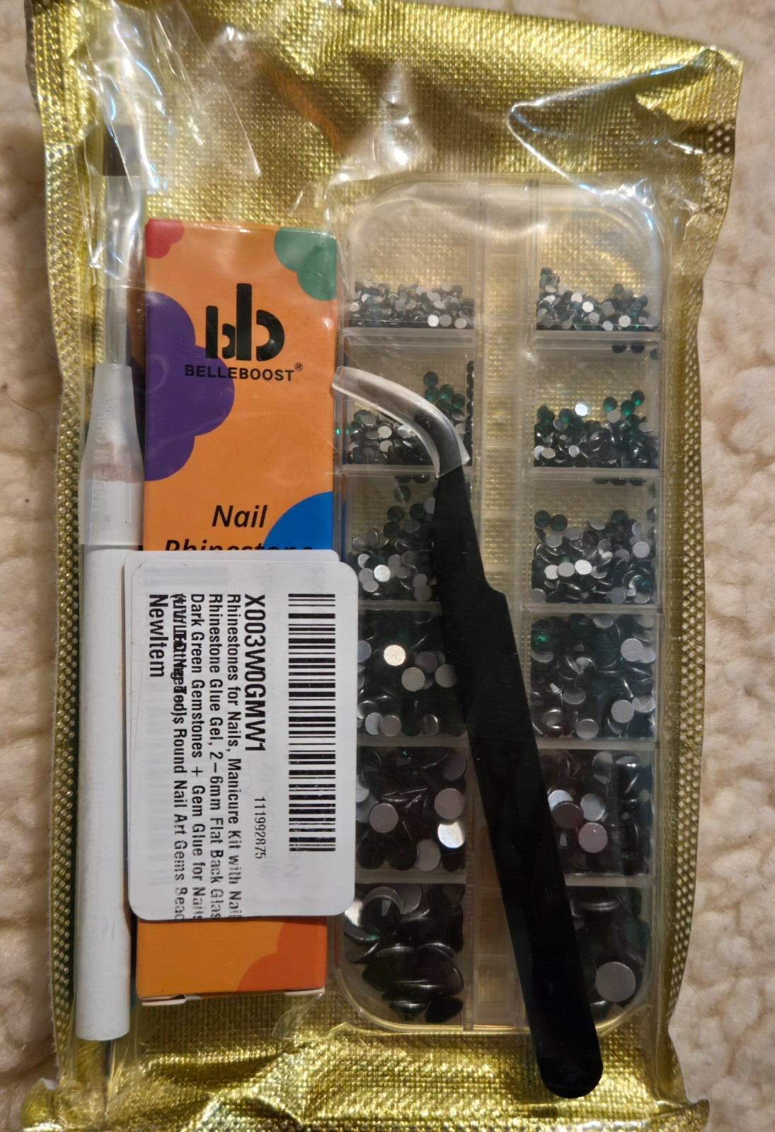 New Manicure Set with Dark Green Nail Rhinestone Glue Gel Kit, Multi Sizes