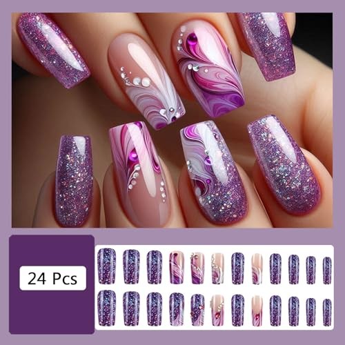 24Pcs Purple Press on Nails Medium Square Fake Nails with Rhinestone Style 4