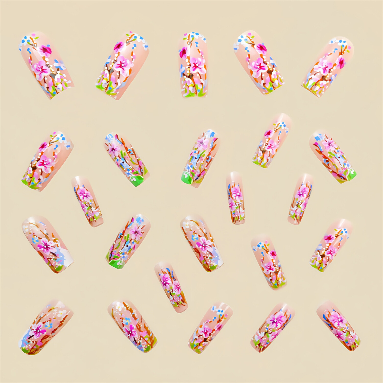 24pcs Colorful Flowers Short Square Press-On Fake Nail Spring Summer Manicure