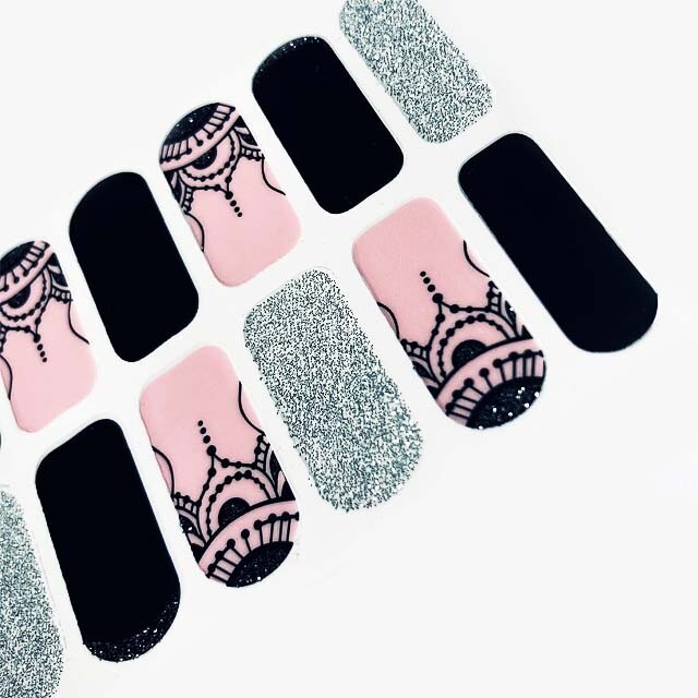 Pink Black Silver Medallion Nail Stickers, Mandala Nail Strips, DIY Home Mani