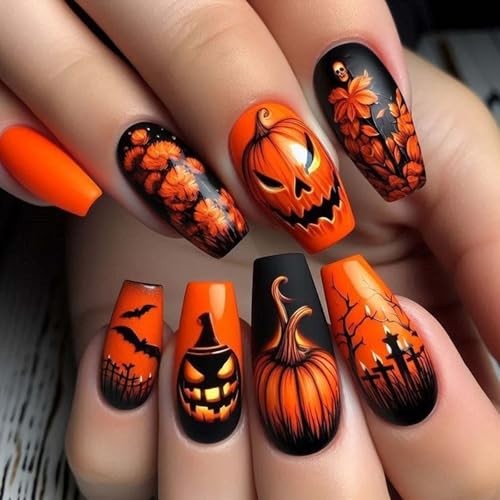 24Pcs Halloween Pumpkin Medium Length Fake Nails Orange Flower Style Nails 01