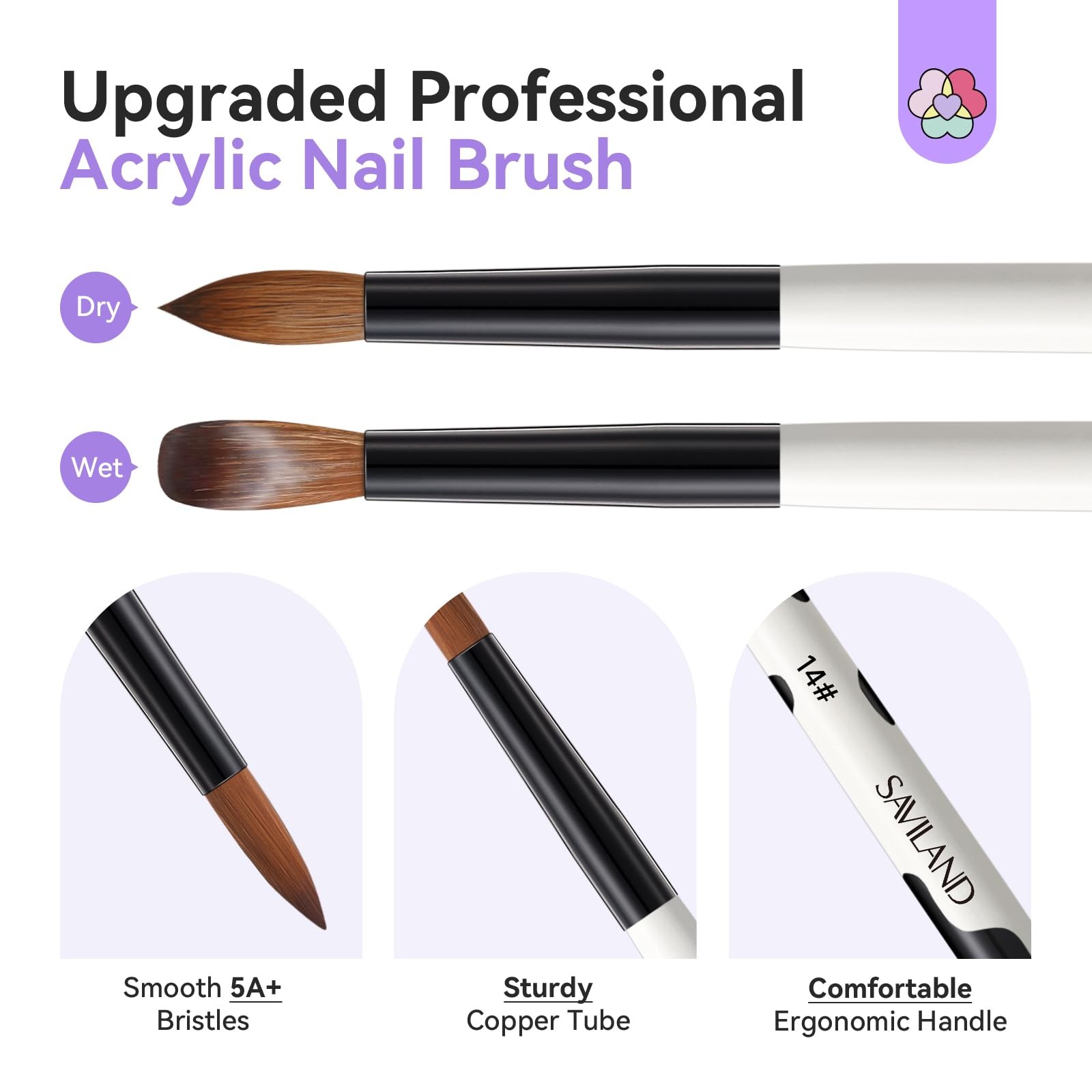 Saviland 3pcs Acrylic Nail Brush Set, Size 8/10/14 1A-Size 8/10/14, 1A-White