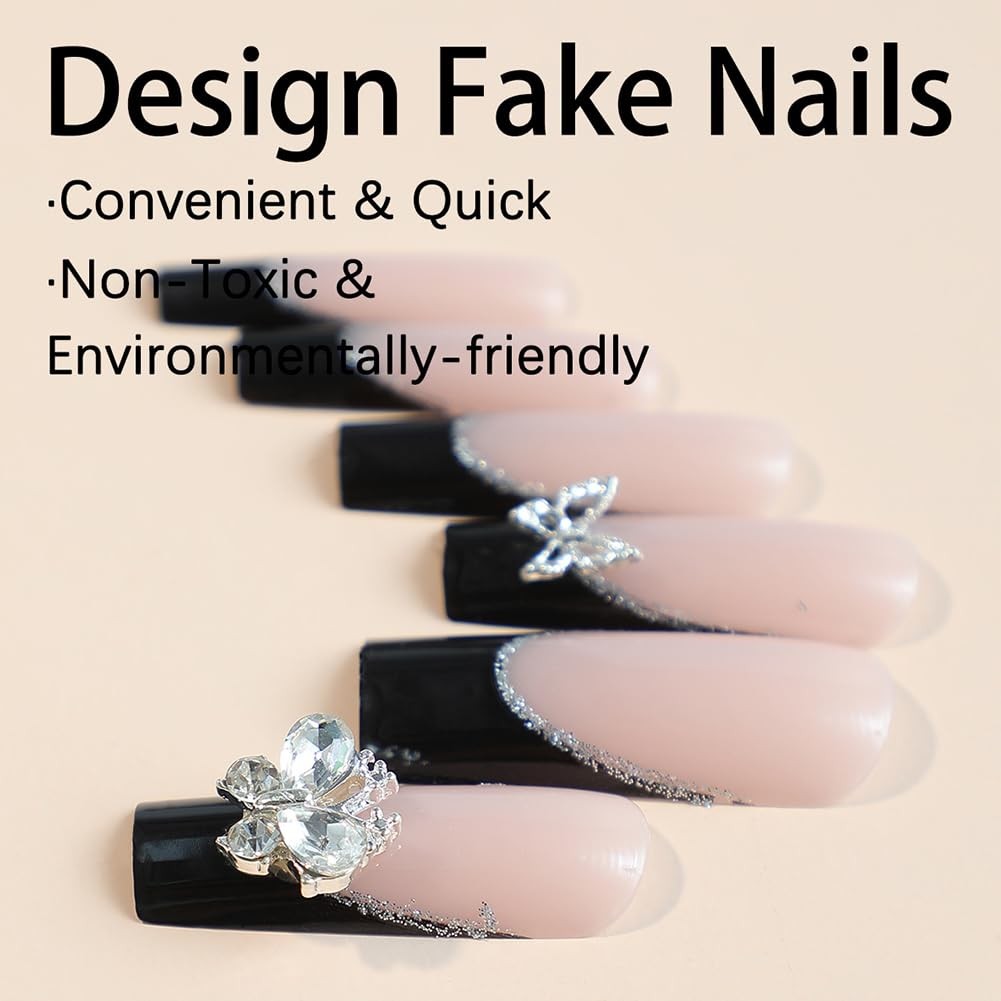Long Press on Nails Square Black French Tip Fake False Nails with Bling Diamo…