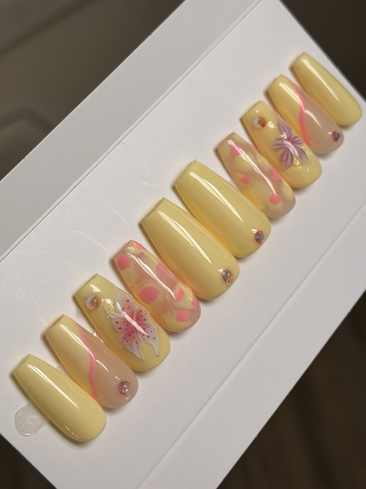 ✨ CUSTOM Press On Nails YELLOW PINK FLOWER BLING Flower 10p SET W Kit