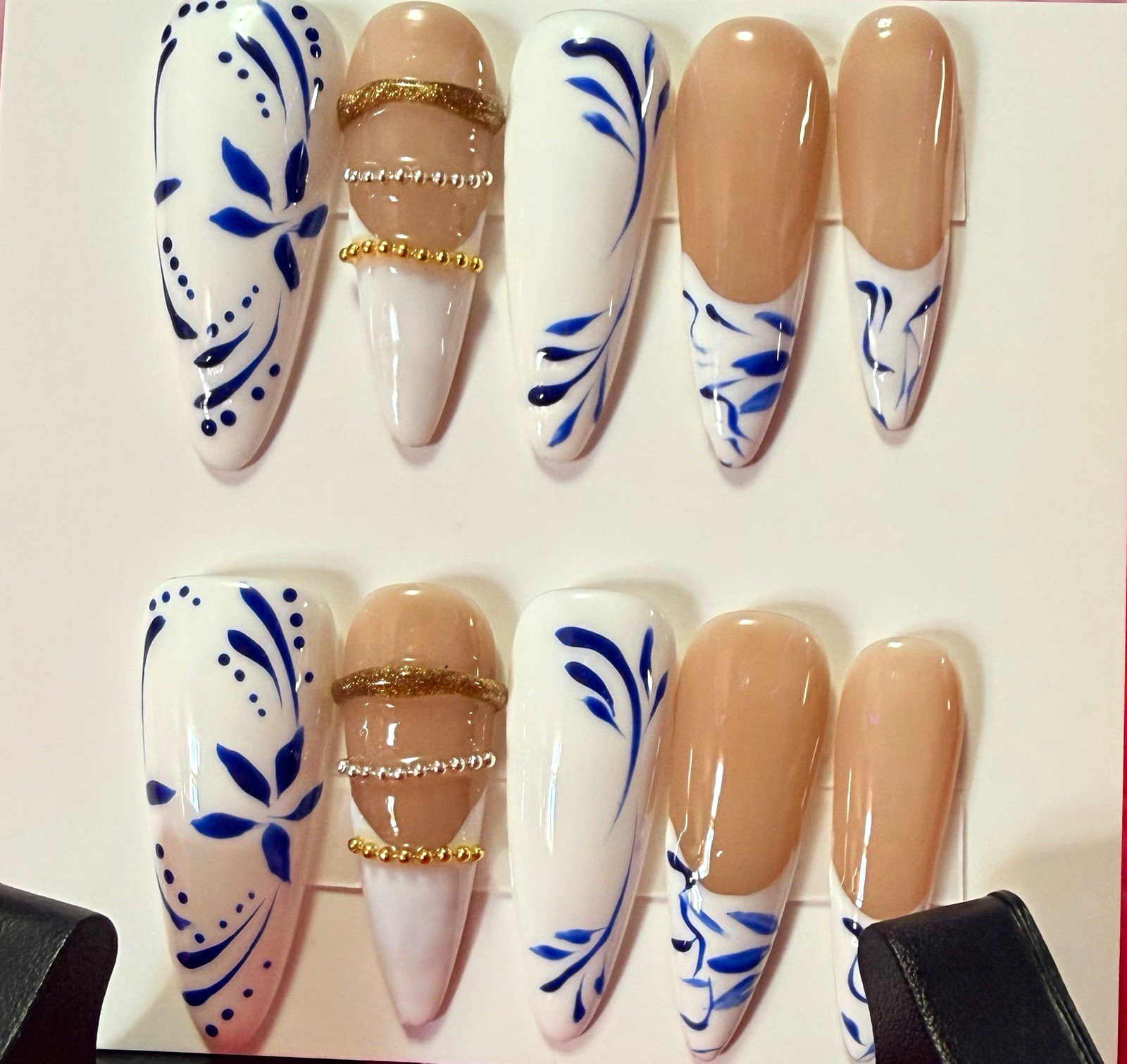 White/Blue/Nude Flower Almond Press-On Nails, Long Glossy Full Cover