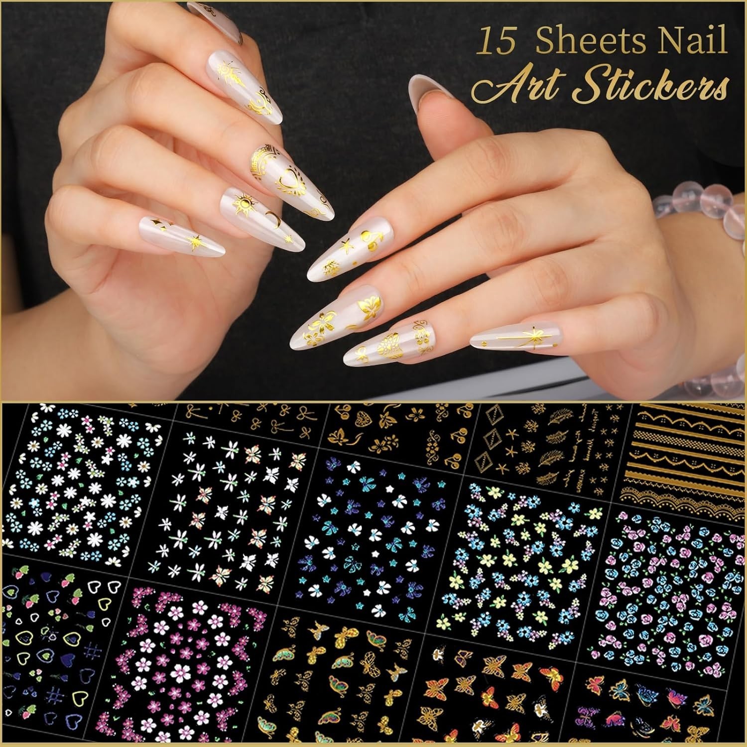 Teentior Nail Charms Nail Stickers with Nail Gems Kit, 8 Boxes Nail Art Rhine…