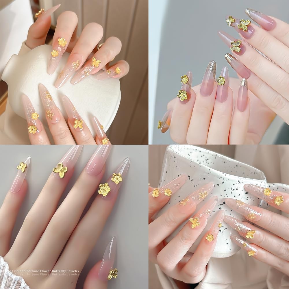 64PCS Gold Nail Charms Set with Y2k Alloy Steel Gems, Rose,Butterfly，Diamonds，He
