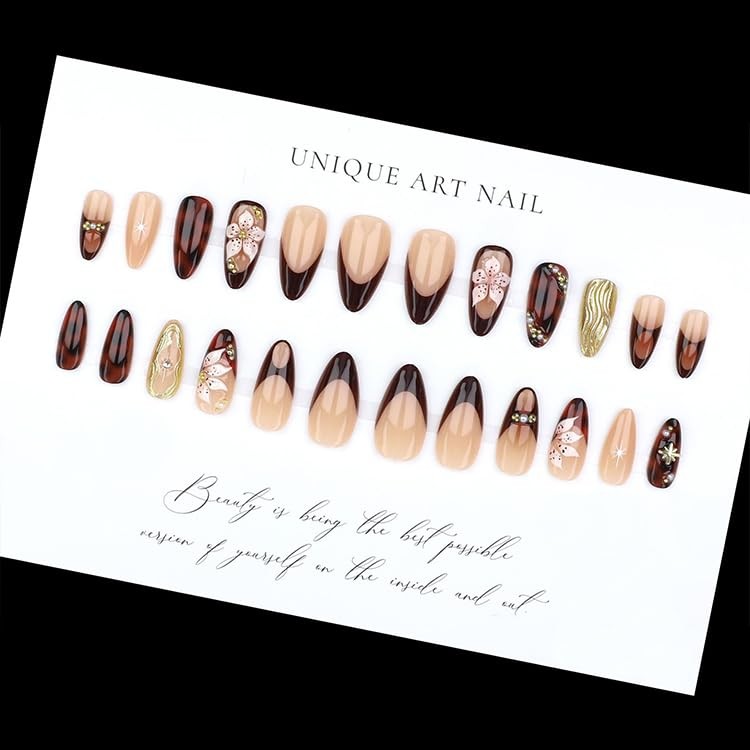 French Tip Press on Nails Medium Almond Fake Nails with Brown Leopard Designs…