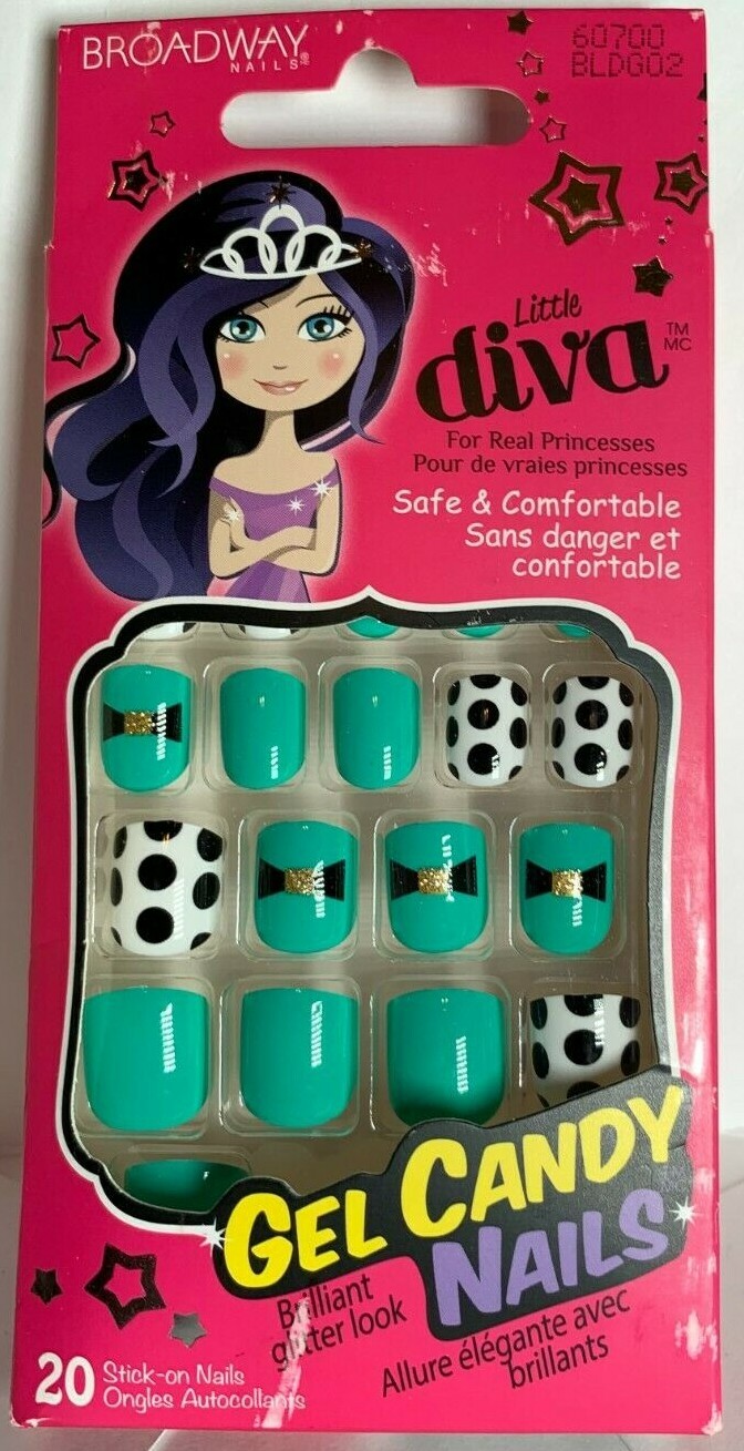Little Diva by Broadway Nails Kiss Girl’s Press Manicure Green w/black dots bow