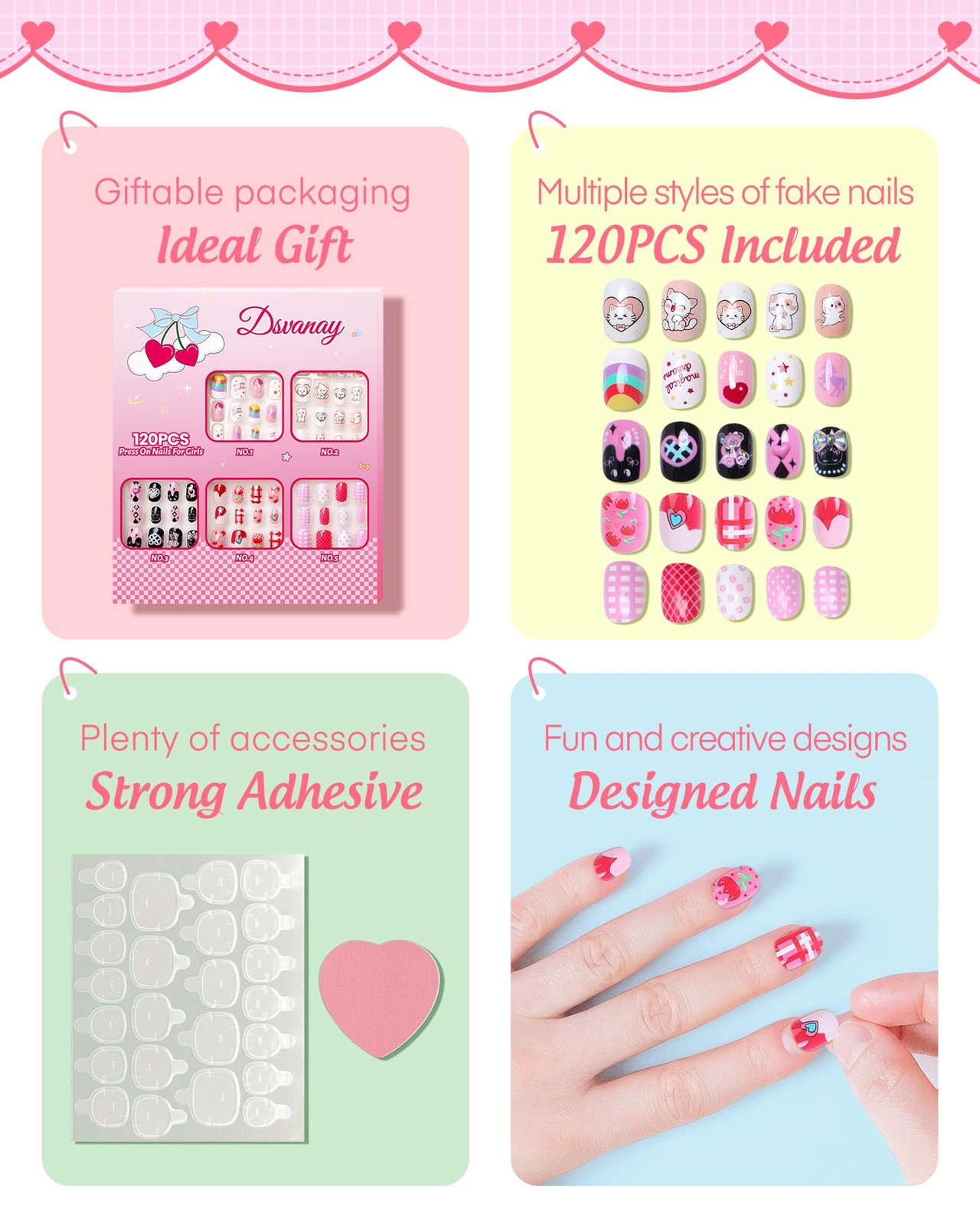 120PCS 5 Pack Press on Nails for Kids,Tweens Girls Soft Fake Nail Kit, Reusab…