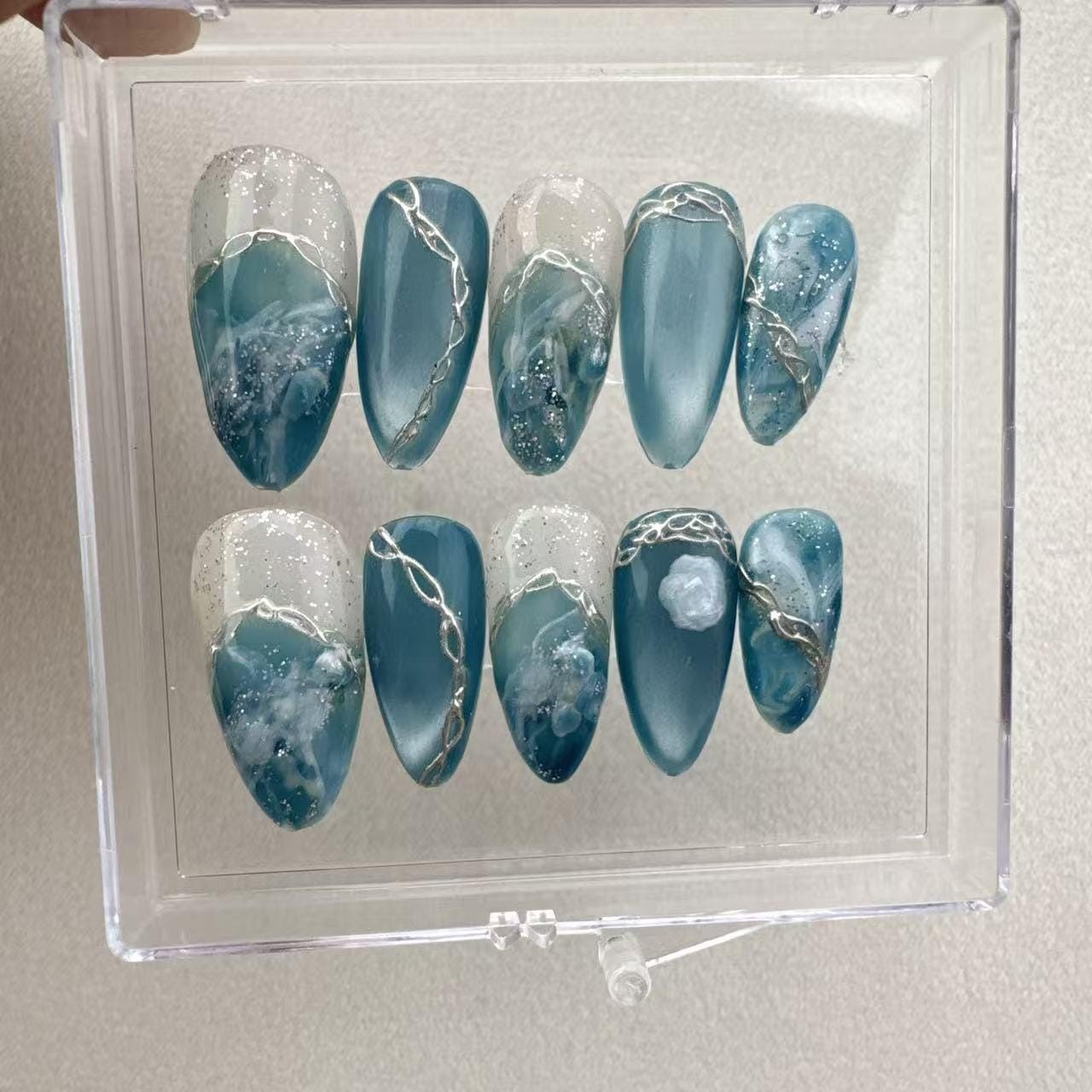 Custom Pure Handmade Nails Lake Blue Ink Silver Chain Gold Foil Cool Manicure