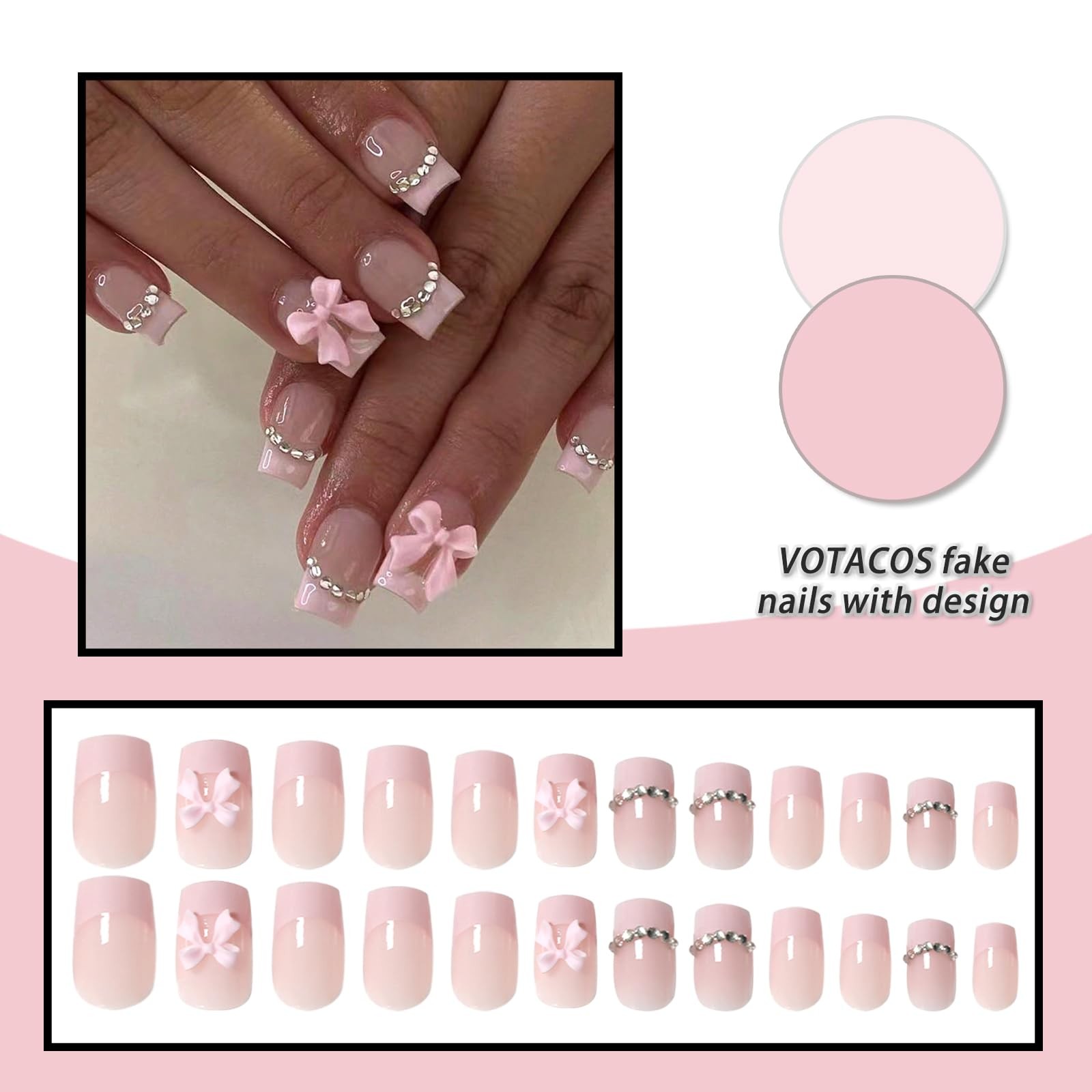 Light Pink French Tip Press on Nails Short Square Acrylic Fake Nails Press On…