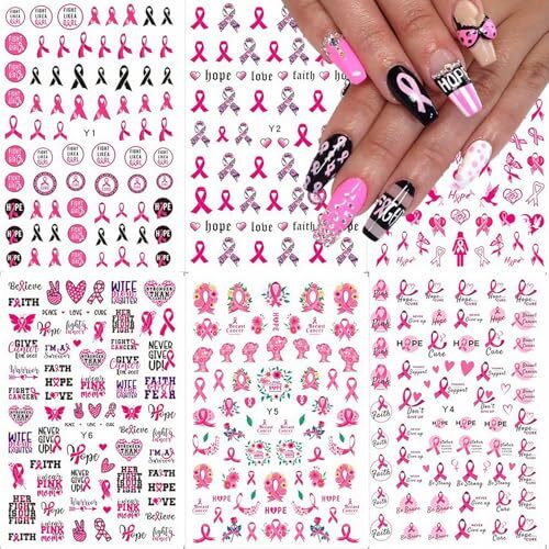 6 Sheets Breast Cancer Nail Art Stickers 3D Self-Adhesive Heart Letter Nail