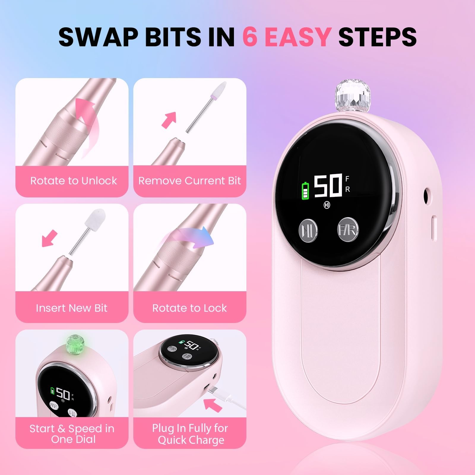 High Speed Nail Drill for Acrylic Removal, 50,000 RPM Pro E-File with LCD, Bi…