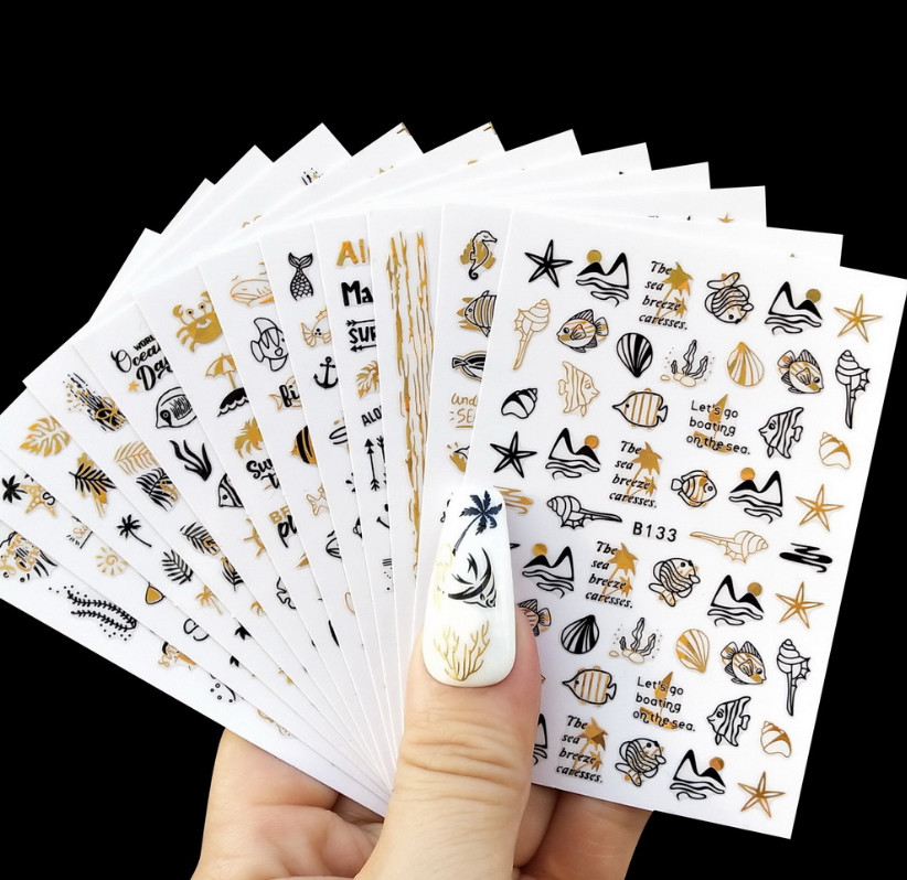 3D Sea Star Turtle Shell Oceans Day Boat Anchor Helm Palm Leaf Nail Sticker NS33