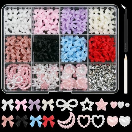 Nail Art Studs Kit, 12 grids 8 Colors 3D Charms and Pink Mix White Star Heart