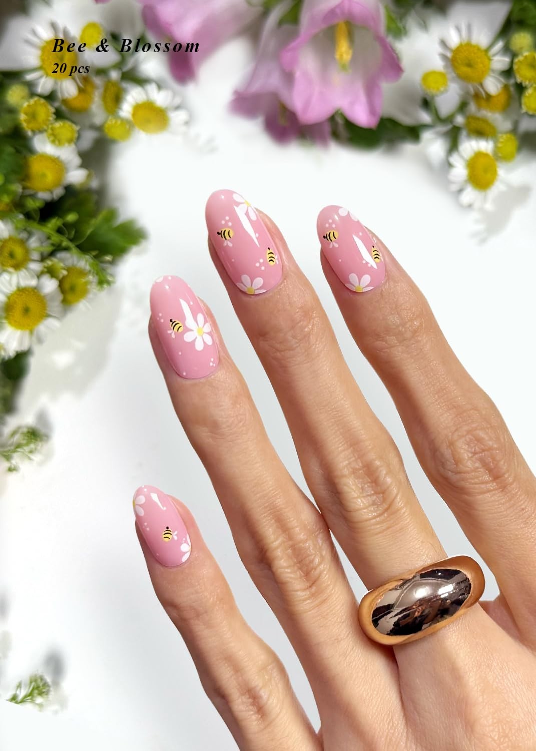 AutyaMee Semi Cured Gel Nail Strips (Bee & Blossom), 20 Pcs Gel Nail Wraps, S…