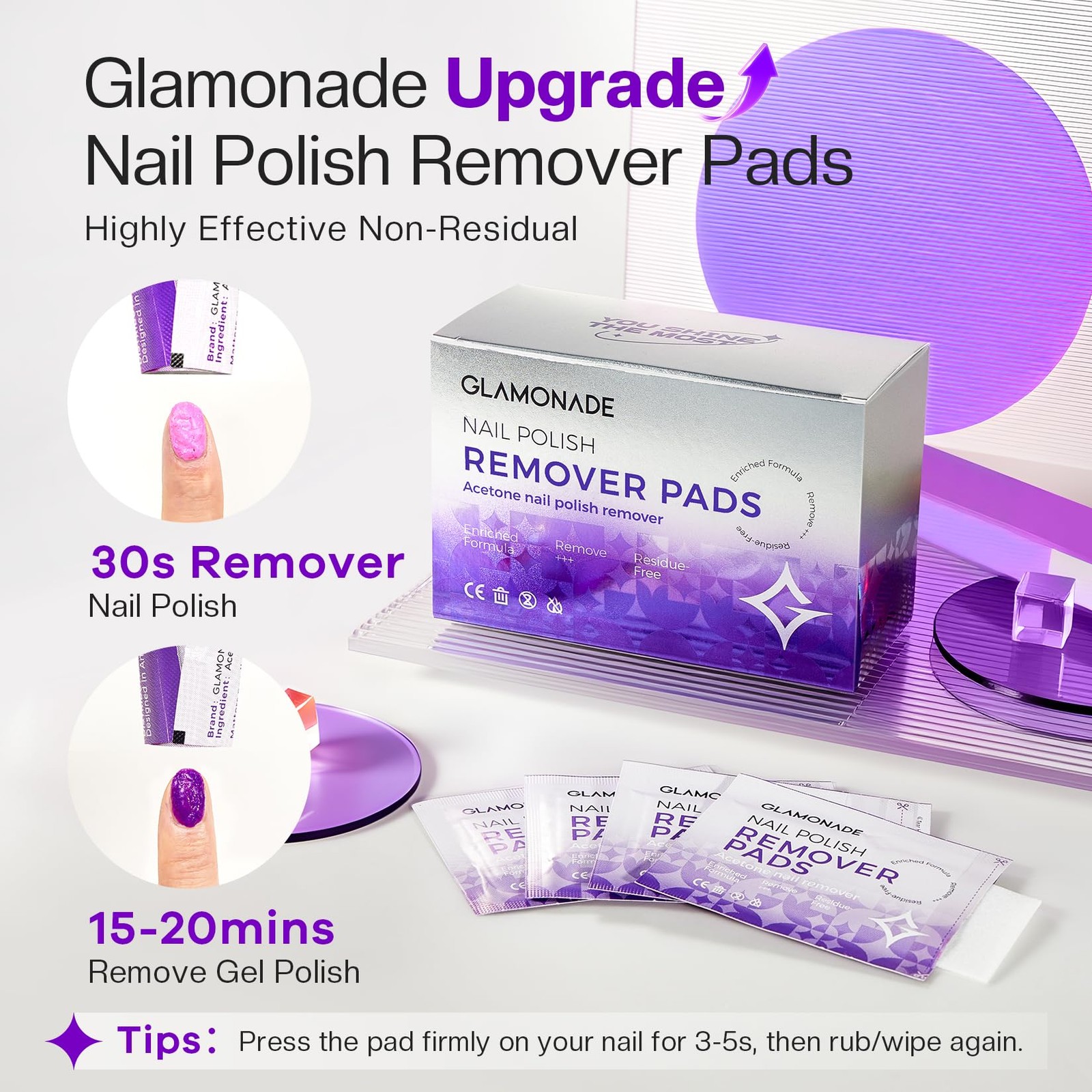 Glamonade Nail Polish Remover Pads: Acetone Gel 100 PCS