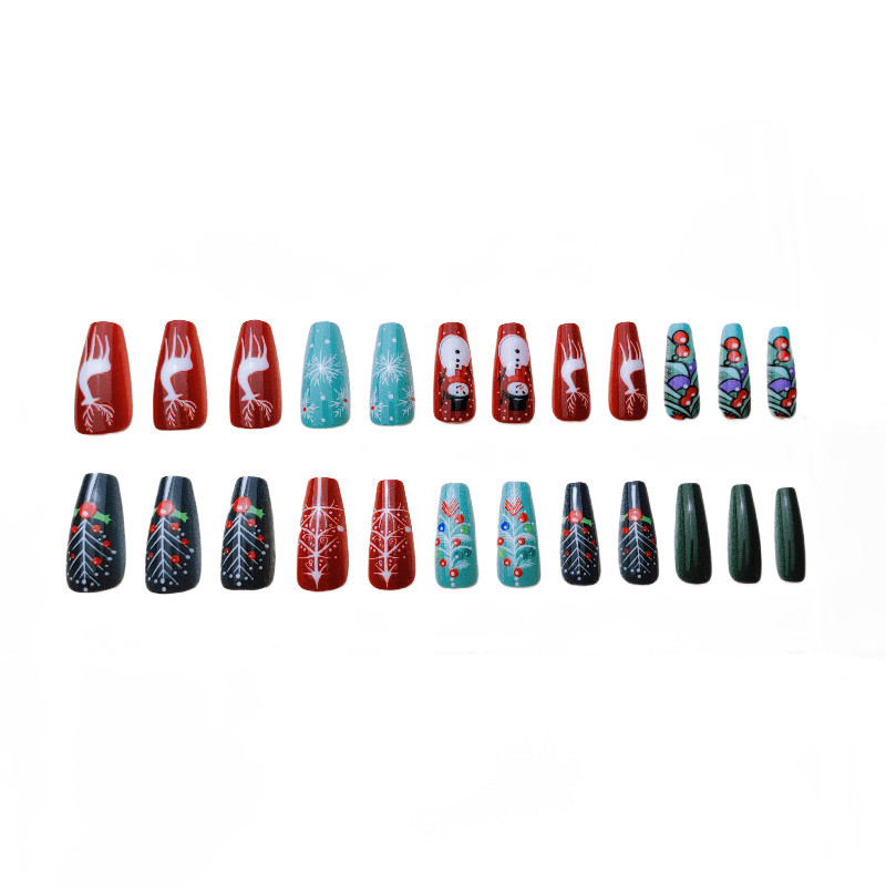 48P Long Coffin Press on Nails, Red Green Pine Deer Snowflake Fake Nails