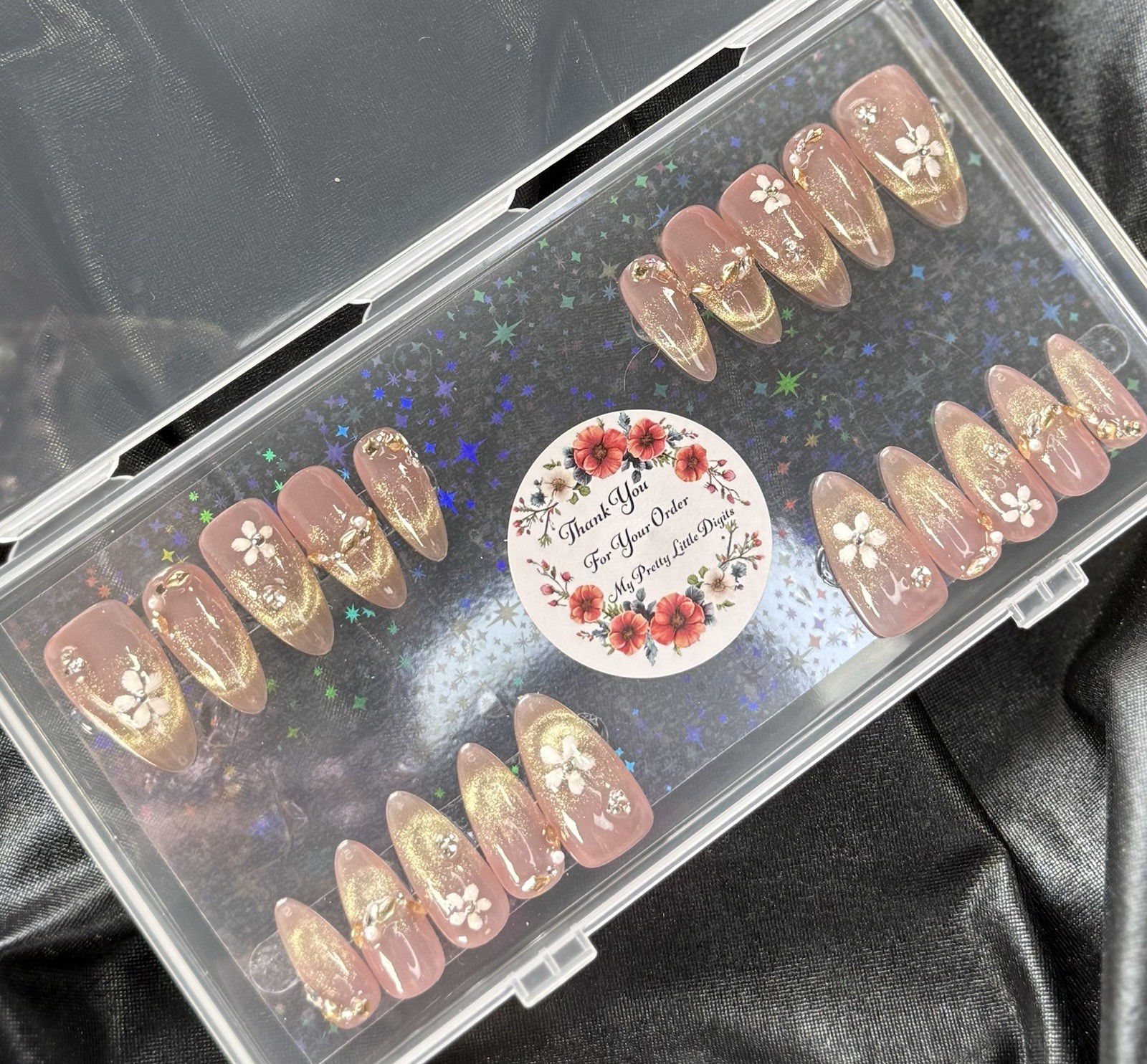 Handmade Press on nails, Magnetic Gold W/Flowers & Gems~Includes Free Gifts💝
