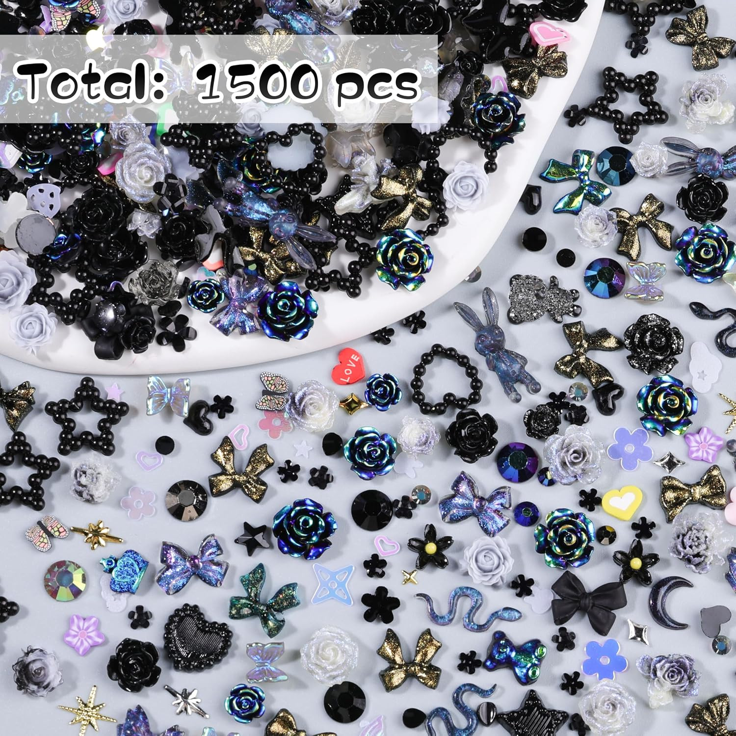 1500Pcs 3D Black Nail Charms for Acrylic Nails, Resin Butterfly Flower Star Hear