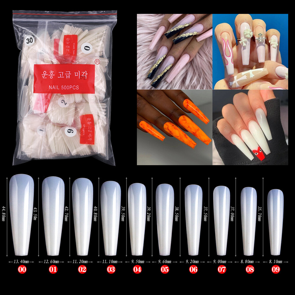 500 Pcs Acrylic Ballerina Fake Nails Coffin Full Cover Nail Art Tips Extra Long