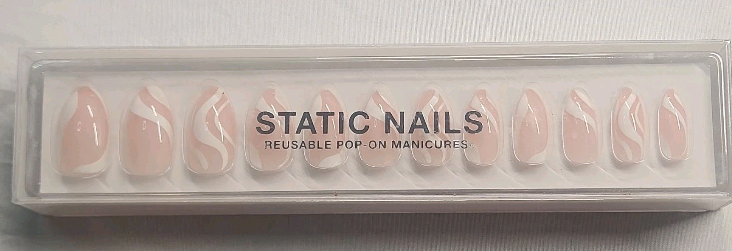 Static Nails Reusable Pre-Designed Press-On Nails Almond Shiny Beige White Swirl