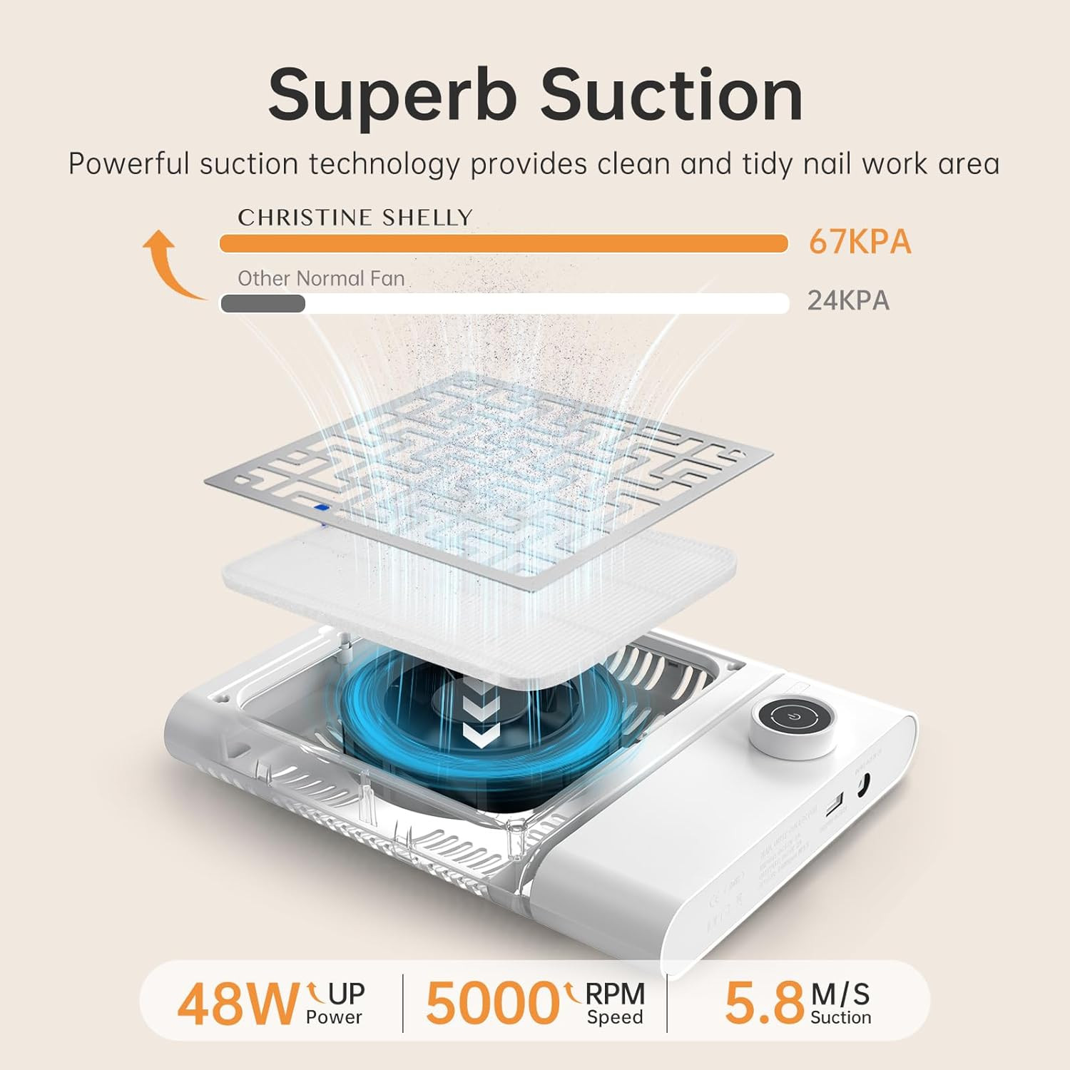 Bling Diamond Cordless Nail Dust Collector, 5000RPM Low Noise Vacuum Fan