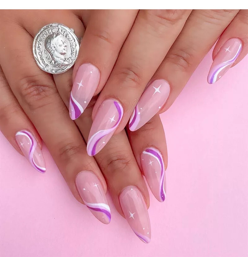 24 Press on nails kit w glue pearl swirl pink purple almond pointed
