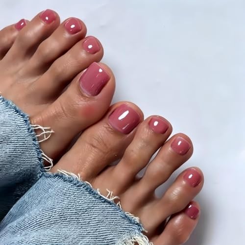 Plum Red Press on Toenails, 32 Pcs 16 Sizes Soft Gel Toe Press solid plum red