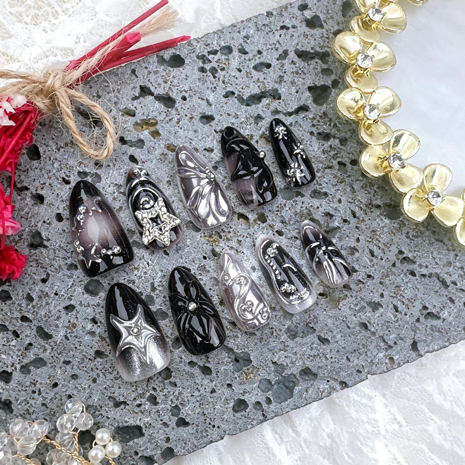 FDSQHSA Black Goth Almond Press On Nails 18