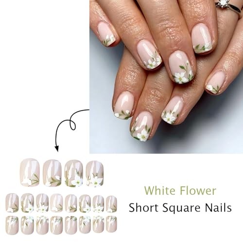 24 Pcs Spring Press on Nails Short Square Fake Nails Floral Style Nails 40